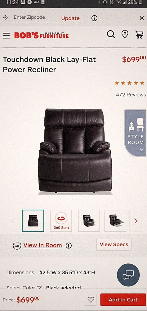 Touchdown Black Lay-Flat Power Recliner in excellent condition