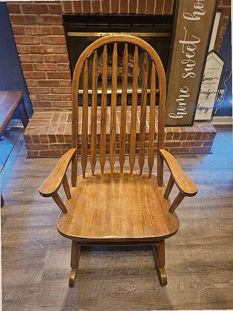 Vintage Oak Windsor Bow Back Medium Brown Wood Rocking Chair R111M-1 with Arms